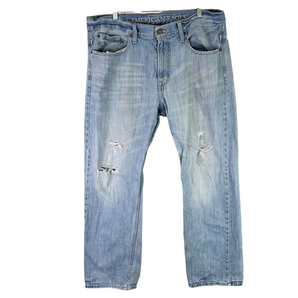 Mens American Eagle Relaxed Fit Distressed Blue Denim Jeans Light Wash 36X30